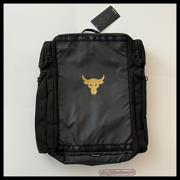 UA Under Armour Project Rock Duffle Backpack Bag Black Gold Gym 1376459-002 $130 - Picture 1 of 9